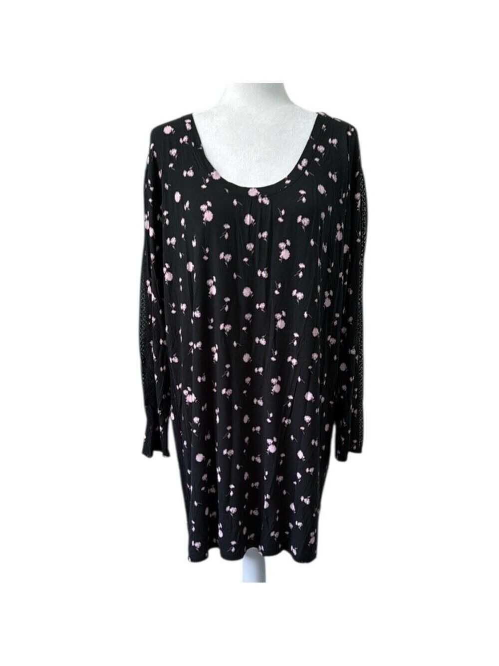 Victoria’s Secret Black Pink Floral Lace Soft Stretch Nightgown Shirt Large